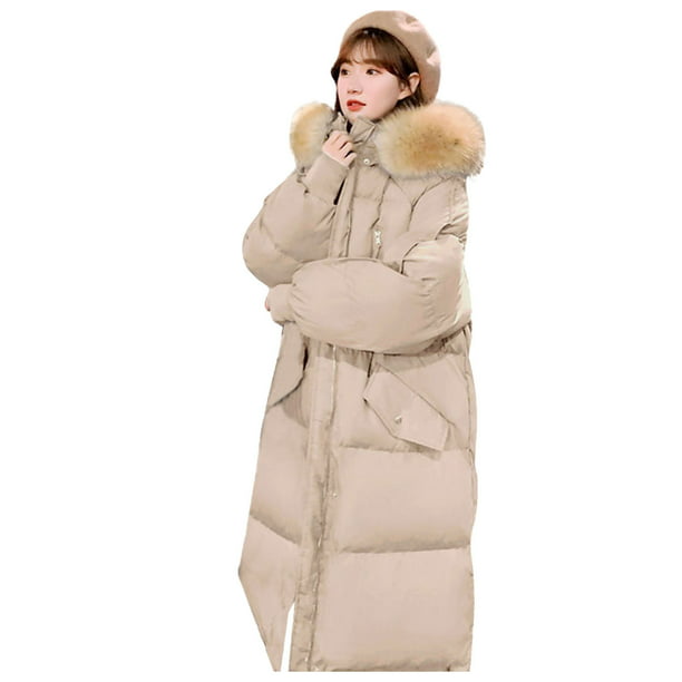 Womens Warm Hooded Down Long Jacket Thick Cotton Padded Winter Coat Fur Collar